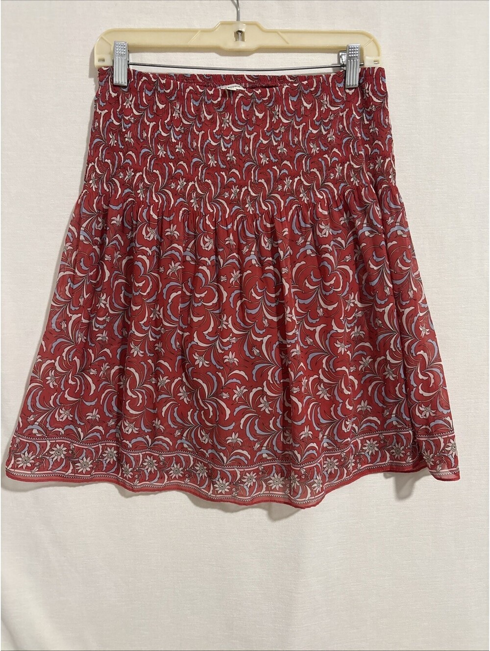 Max Studio Cerise Red Light Blue Art Deco Floral Smocked Waist Skirt M